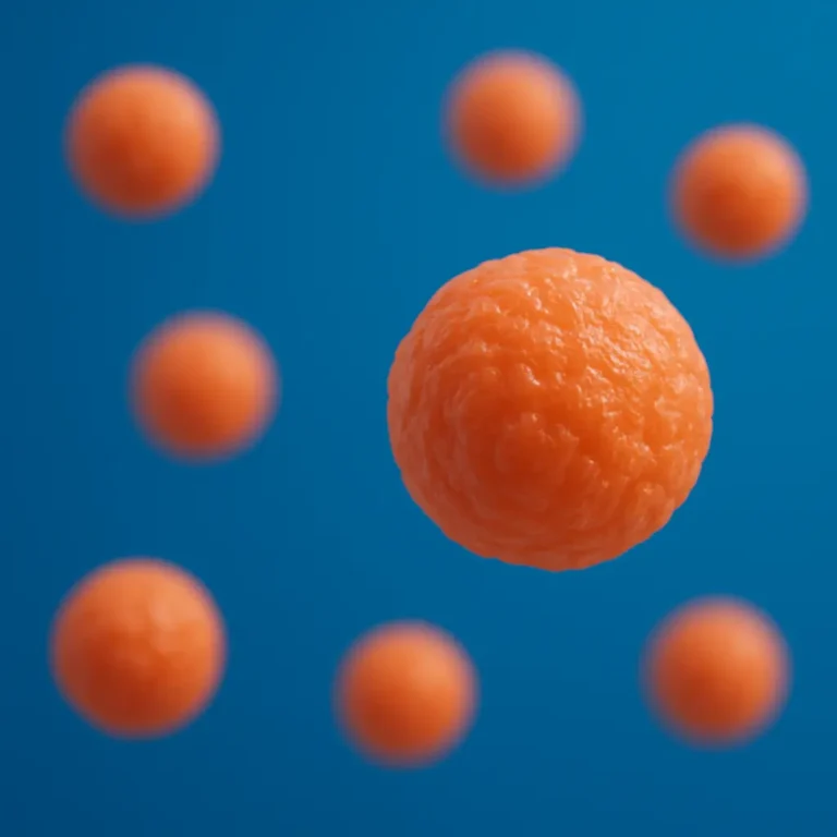 A large, textured orange sphere in sharp focus, surrounded by several smaller, blurred orange spheres against a solid blue background, resembling particles or abstract cells.